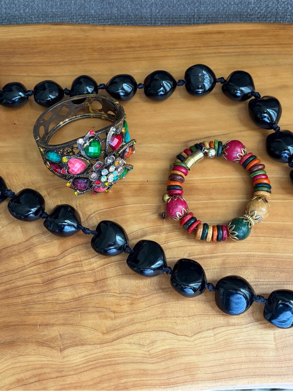 Multicolor Gem & Bead Bracelet Set with Black Heart Beaded Necklace